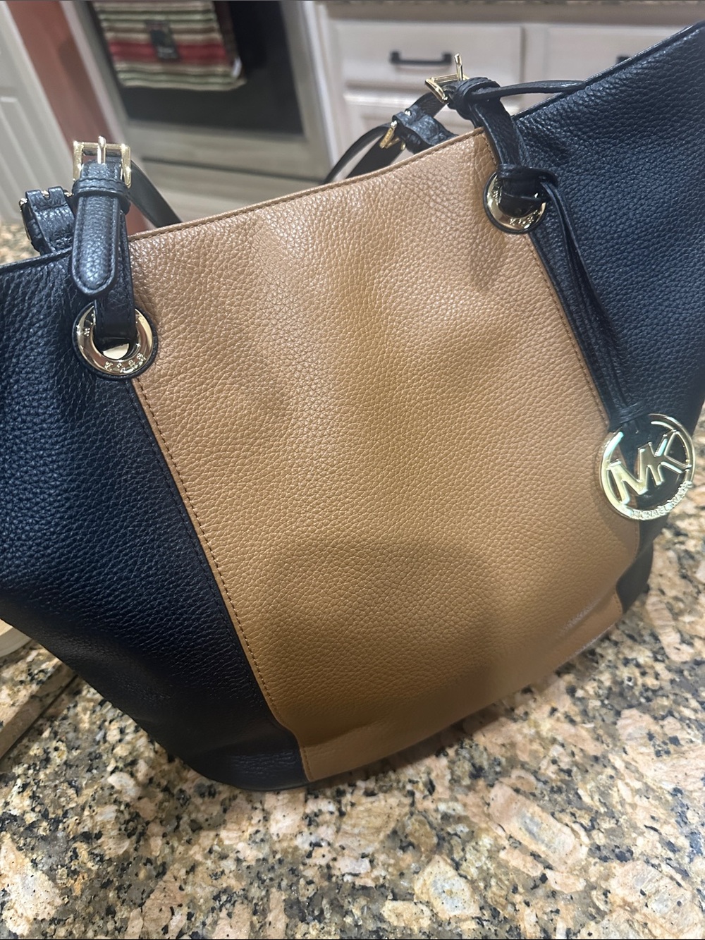 Michael Kors Two-Tone Pebbled Leather Shoulder Bag in Black and Cognac